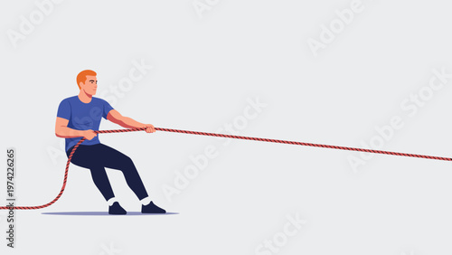Strong man in a blue t-shirt and black pants pulling a long rope during a tug of war competition or heavy task.