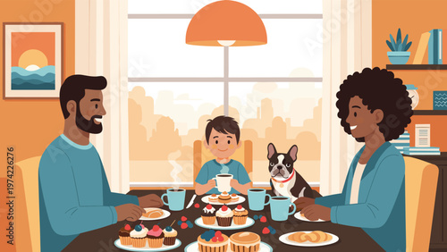 Happy family consisting of a father, mother, and son sitting at a table and enjoying a breakfast meal with their pet dog.