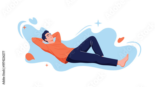 Man lying down and relaxing with his hands behind his head on abstract blue floating shapes representing dreams and rest.