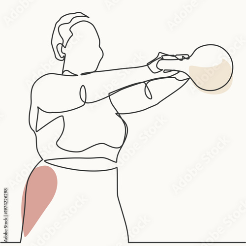 One continuous line art of Overweight Black woman doing exercises using kettlebell