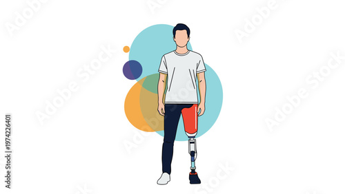 Confident man standing proudly with a prosthetic leg against a vibrant background of colorful abstract geometric circles.