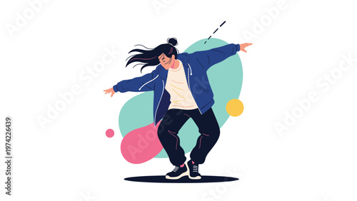 Young person with long hair dancing and moving energetically against a colorful abstract background with geometric shapes.