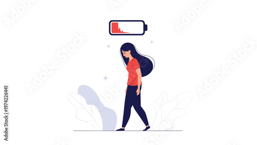 Tired woman walking with a low battery symbol above her head representing burnout, fatigue, and extreme lack of energy.