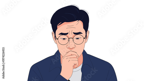 Close up illustration of a middle aged man with glasses looking down with a worried and thoughtful facial expression.