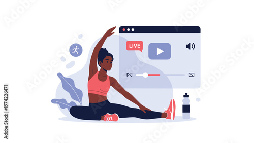Athletic woman practicing stretching exercises at home while following a live stream yoga video on a digital screen.