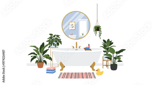 Beautiful bathroom interior featuring a classic clawfoot tub surrounded by lush green house plants and a stylish round mirror.