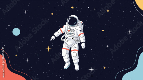 Astronaut in a white space suit floating in the dark outer space surrounded by bright stars and distant colorful planets.