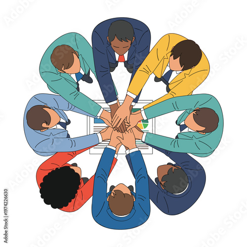 Diverse business team stacking hands in a circle for unity and teamwork