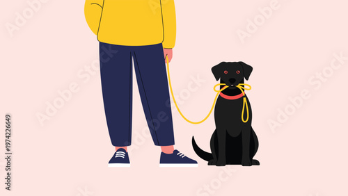 Person standing with their pet dog that is holding its own yellow leash in its mouth while waiting for a daily walk.