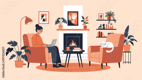 Woman working on a laptop while sitting in a cozy living room with a fireplace and a white cat on an armchair.