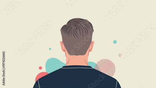 Rear view illustration showing the back of a man's head and shoulders against an abstract background with colorful circles.
