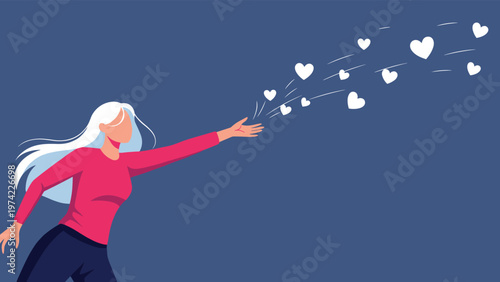 Woman reaching out her hand as small white heart shapes float away into a dark blue background representing loss.