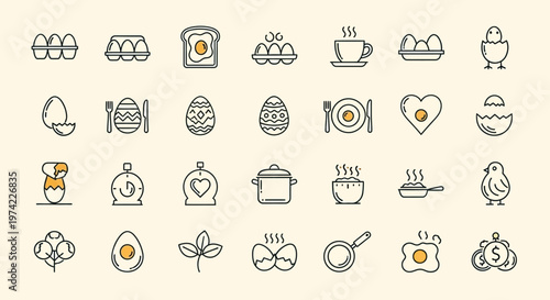 Minimalist Egg and Breakfast Icon Set - Cooking, Easter, and Food Preparation Line Art Icons