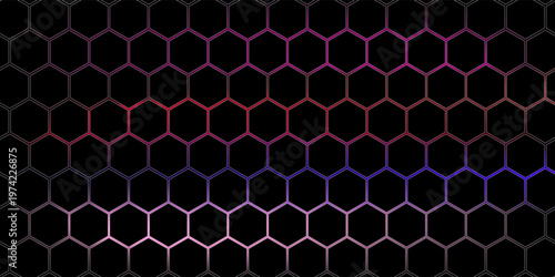 Dark gray and red horizontal hexagonal technology abstract vector background. red bright energy flashes under hexagon in futuristic modern technology wide banner. Dark gray honeycomb texture grid.