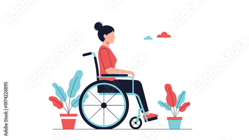 Young woman sitting in a wheelchair between two potted house plants against a clean white background in a profile view.