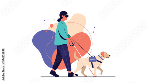 Blind woman walking with her guide dog in an abstract colorful setting representing accessibility and independence.