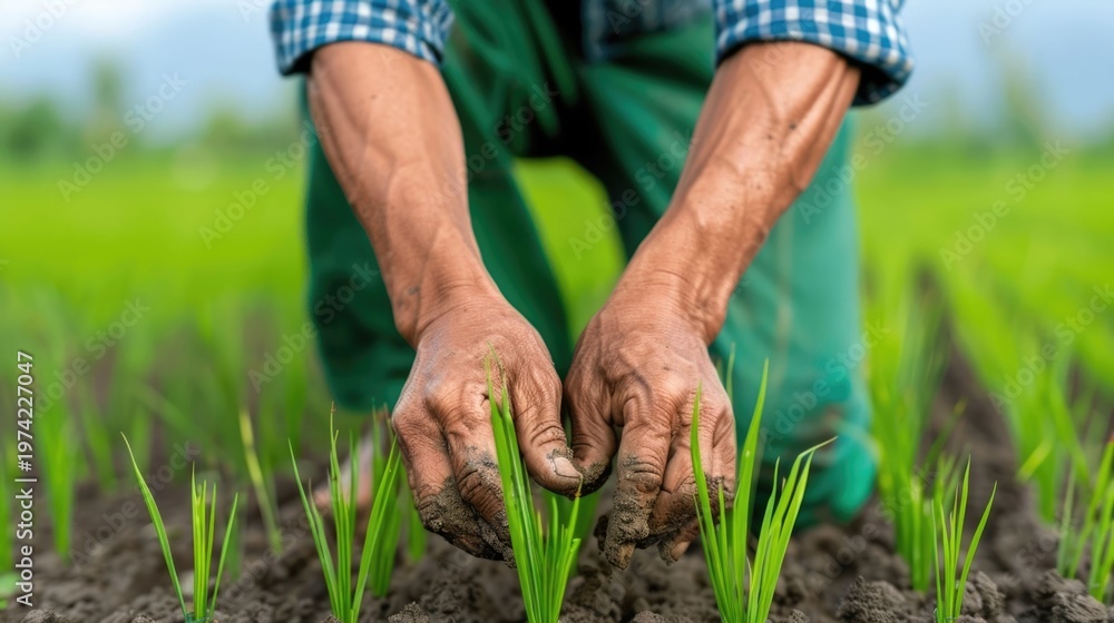 Fototapeta premium Close up of weathered farmer s hands carefully placing young rice seedlings into rich soil amidst lush green fields highlighting agricultural labor and the promise of growth