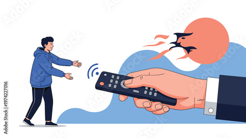 Man trying to grab a remote control that is being held by a giant hand representing outside influence or social control.