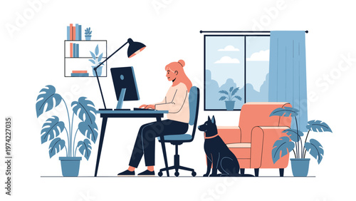 Woman working at her desk with a computer while her black dog sits faithfully on the floor beside her chair for companionship.