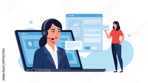 Professional female customer service representative wearing a headset and appearing from a laptop screen for online support.