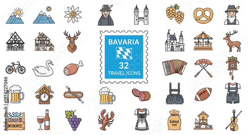 Set of 32 Bavaria Travel and Culture Icons - German Tradition, Oktoberfest, and Landmark Vector Illustrations