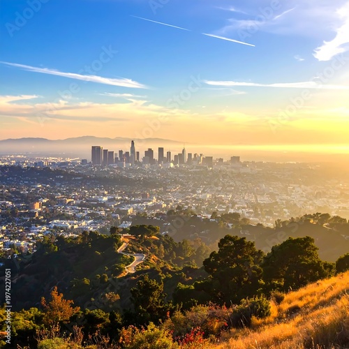 A serene cityscape at sunset with trees in the foreground