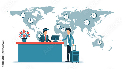 Hotel reception desk with a clerk assisting a traveler with a suitcase in front of a world map featuring various time zone clocks.