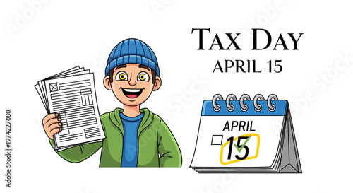 A cheerful cartoon man in a blue hat happily holds tax documents, next to a calendar marking April 15th as Tax Day in a flat vector illustration against a clean white background