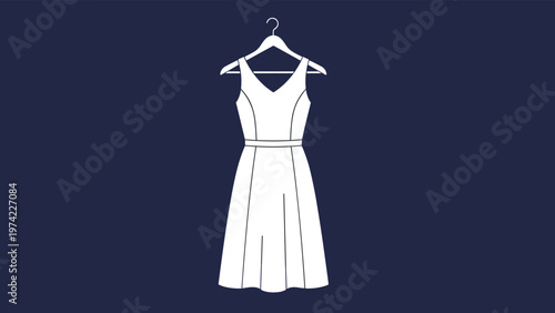Classic white sleeveless flared dress hanging on a wooden hanger against a dark solid blue background for a retail display.