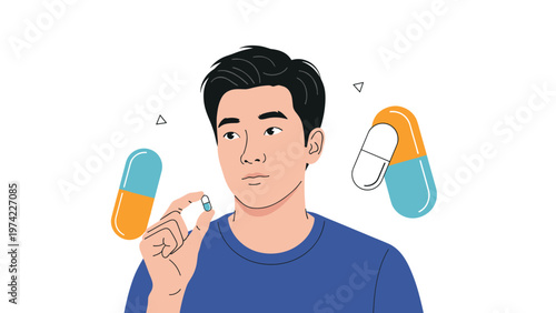 Young man looking thoughtfully at a small pill in his hand with large colorful capsule symbols floating in the background.