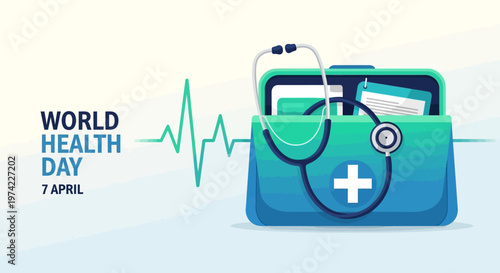 World Health Day medical kit with stethoscope and heartbeat line