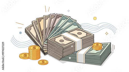 Large stacks of cash and piles of gold coins representing wealth, success, profit, and long-term financial prosperity.