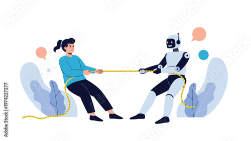 Human girl and a sophisticated robot competing in a tug of war game symbolizing the rivalry or balance between humanity and artificial intelligence.