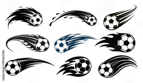 Dynamic Soccer Ball Icons in Motion - Speed Lines, Fast Football, Sports Design Elements Vector Set