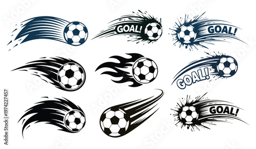 Black and White Flying Soccer Balls with Speed Effects - Football Motion, Goal Kick, Sports Energy Icons