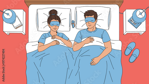 Young couple sleeping peacefully together in a large bed from a top view, wearing blue sleep masks for a deep and restful night of slumber.