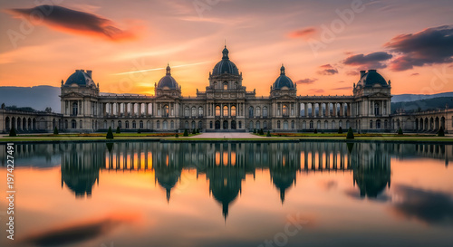 A stunning view of the victoria and albert museum in london reflected in the calm water at sunset