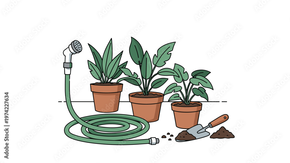 Obraz premium Essential gardening tools including potted green plants, a coiled garden hose, and a small hand trowel with soil for outdoor home landscaping.
