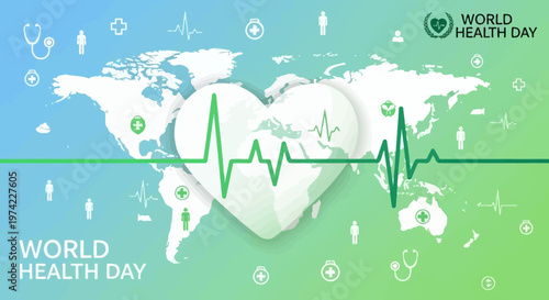 World Health Day Global Healthcare Concept Heartbeat ECG World Map Background
