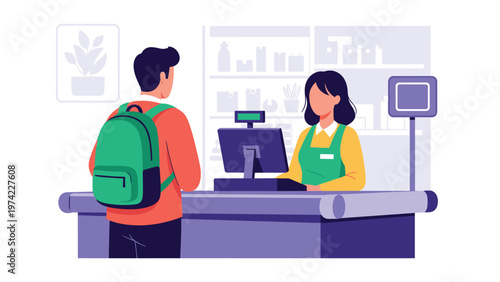 Young man with a green backpack standing at a grocery store checkout counter while a female cashier in a green uniform scans his purchases.