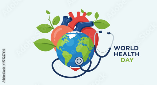 World Health Day: Global healthcare concept with heart, stethoscope, and earth