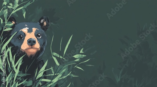 Spectacled bear peeking from forest foliage