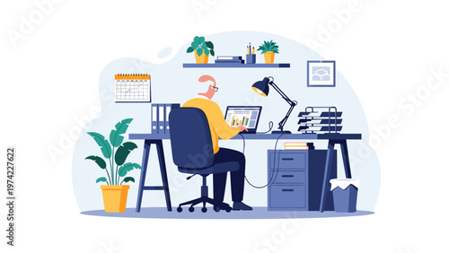 Elderly professional man working from home in a well-organized office space using a laptop for business and data analysis tasks.