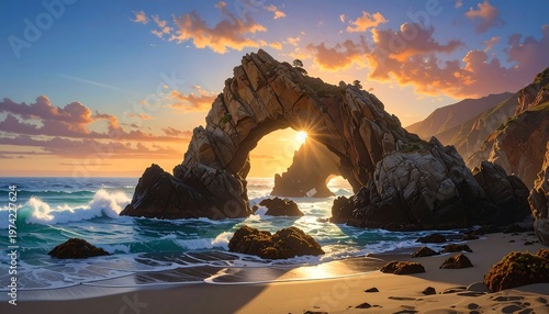 A serene coastal scene featuring a natural rock arch at sunset