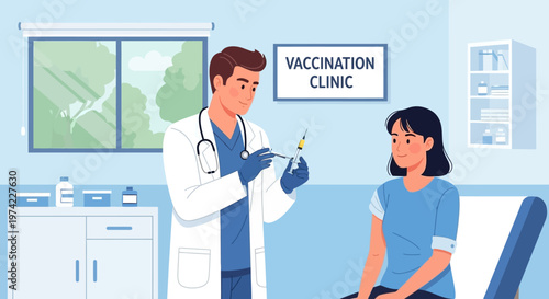 Doctor administers vaccine to patient in clinic, healthcare, medical concept