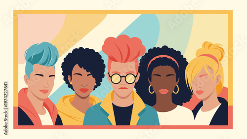 Diverse group of fashionable young individuals with unique hairstyles and styles representing urban culture, unity, and modern identity together.