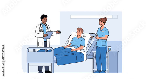 Doctor and nurse caring for patient in hospital bed, medical team, healthcare concept