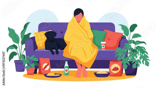 Person wrapped in a warm yellow blanket sits on a purple sofa with their dog, snacks, and houseplants, creating a comfortable home atmosphere.