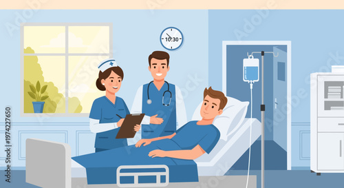 Doctor and nurse caring for patient in hospital room with IV drip