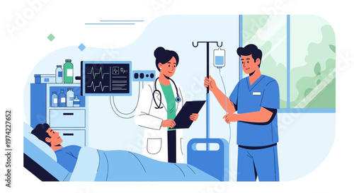 Doctor and nurse caring for patient in hospital room with medical equipment